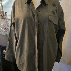 Peace Love World Military Olive Button-Up Shirt Shacket Large NWT